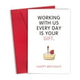 thumbnail image 1 of Humorous Birthday Card – "Working with Us Every Day is Your Gift" – Fun Cake Design – Envelope Included, Blank Inside – Perfect for Coworkers and Friends, 1 of 2