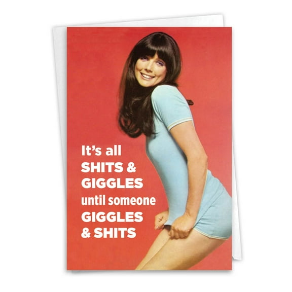 Humorous Birthday Greeting Card with 5 x 7 Inch Envelope - Sheets & Giggles - Brunette in Blue Dress Pulling Hem