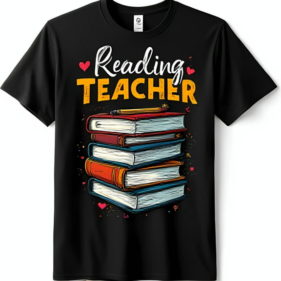 Humorous Black T-Shirt for Reading Teachers Cartoon Book Stack & Pencil Graphic