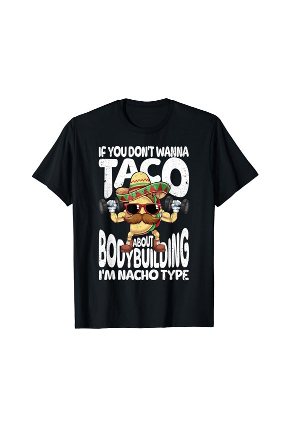 Humorous Cartoon Taco Bodybuilding T-Shirt - Fun Workout Tee for Fitness Enthusiasts