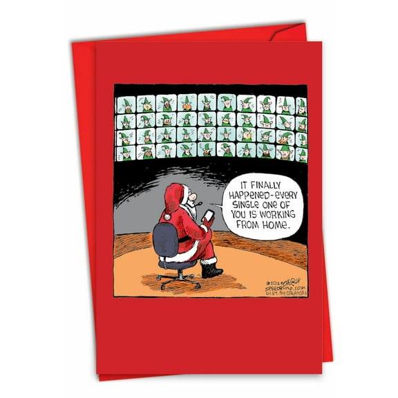 Humorous Christmas Greeting Card with 5 x 7 Inch Envelope - Remote Elves - Santa with Cellphone and Elf Screens