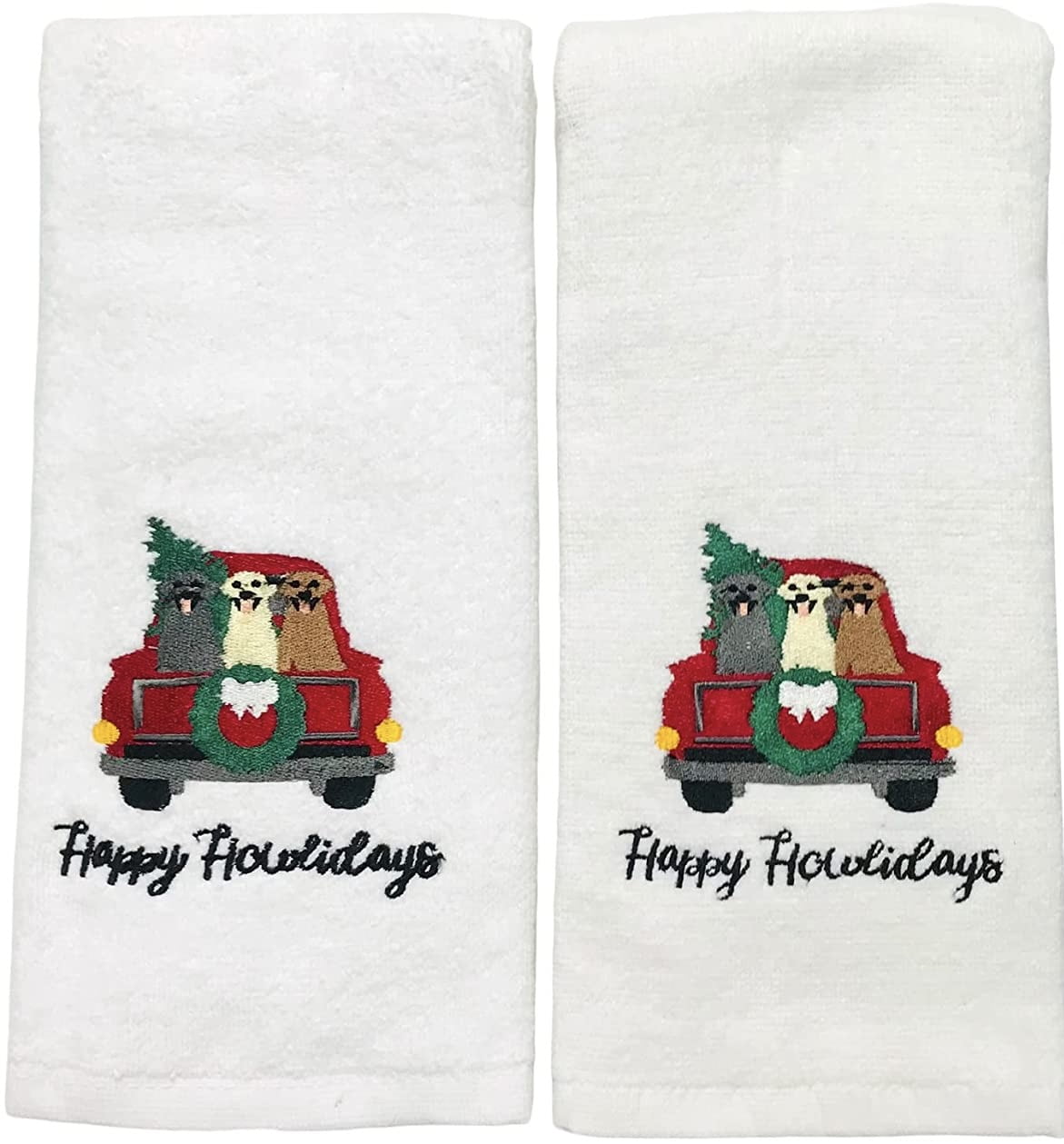 Humorous Christmas Pets Towel Set Bathroom Hand Towels Embroidered Dogs in Truck with Tree Wishing You Dog Gone Holiday Greetings Happy Howlidays