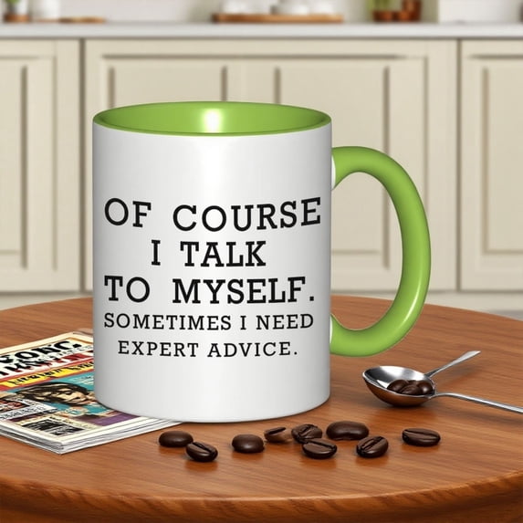 A Humorous Coffee Mug That Says, 'Of Course I Talk to Myself; Sometimes I Need Expert Advice.' It Features a Pink Marble Design And Holds 11 Ounces. This Ceramic Cup Is Hand Wash Only And Makes a Won