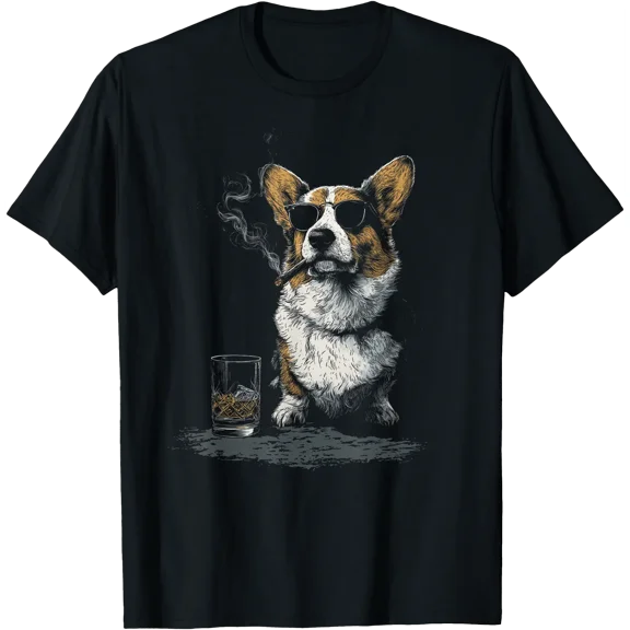 Humorous Corgi Dog in Sunglasses with Smoking Prop & Beverage Glass T-Shirt for Pet Lovers