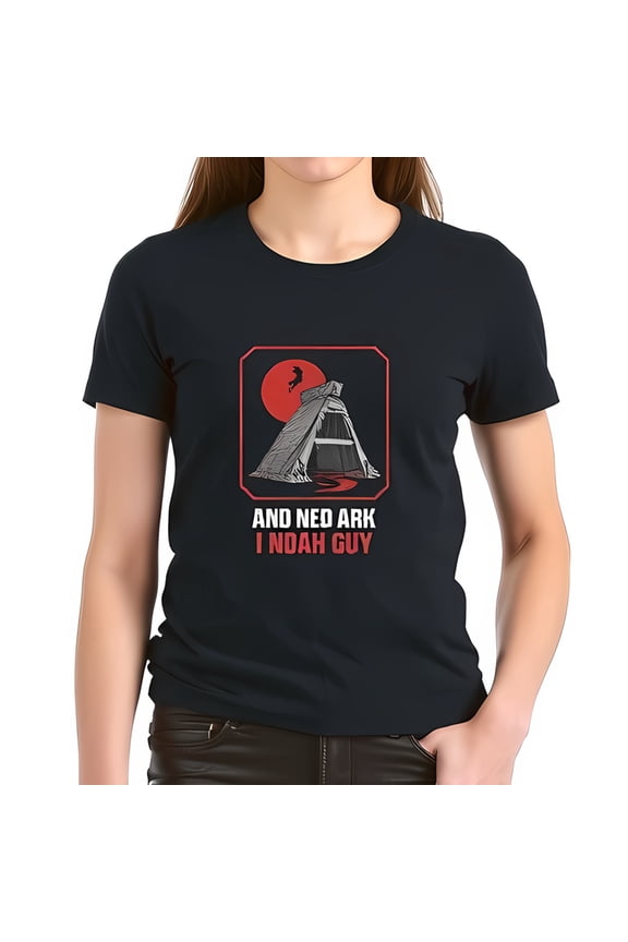 Humorous Cotton Short Sleeve T-Shirt with Noah's Ark Design & Playful " AND ARK I NOAH GUY " Caption