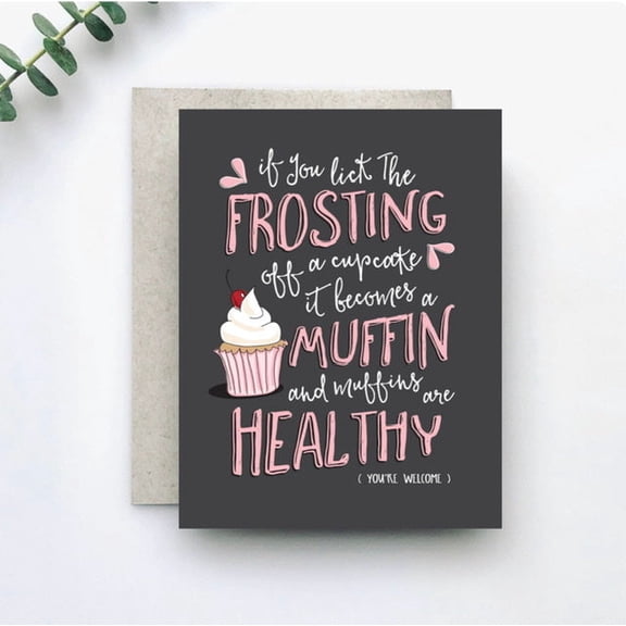 Humorous Cupcake Greeting Card If You Lick the Frosting It Becomes a Muffin Blank Inside, Envelope Included Ideal for Birthdays and Celebrations