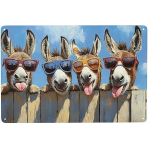 Humorous Donkeys Metal Tin Sign Funny Wall Art Wearing Sunglasses Tongue Out Animal Lover Decor for Bedroom or Man Cave 8 x 12 Inch