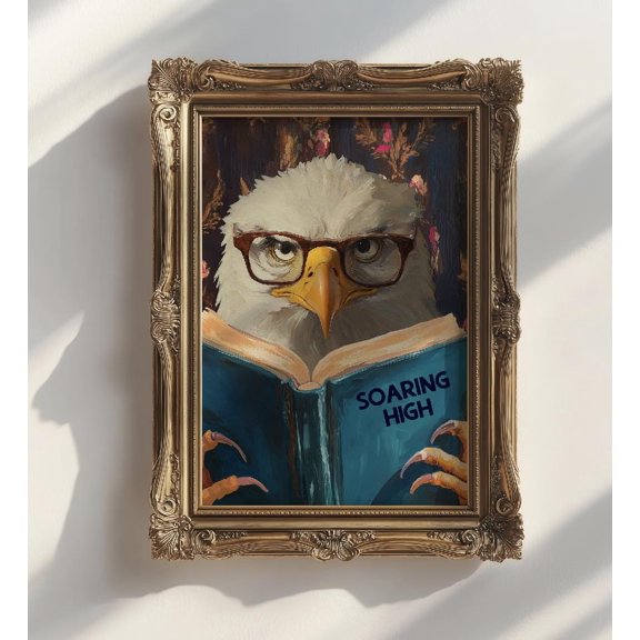 Humorous Eagle Reading Book Art Print, Poster Only