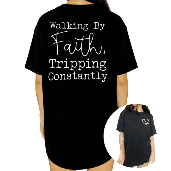 Humorous Faith Based Cross Heart Print Womens Short Sleeve T-Shirt Oversized Black Tops