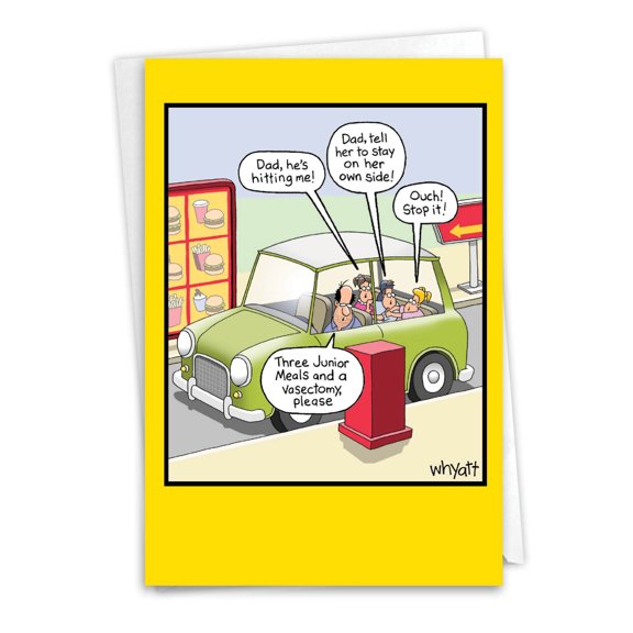 Humorous Father's Day Greeting Card with 5 x 7 Inch Envelope (1 Card) Dad Drive Thru - Fast Food Chaos with Kids
