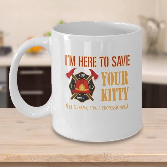 Firefighter 11 oz Coffee Mug - Saving Kitties White Ceramic Gift