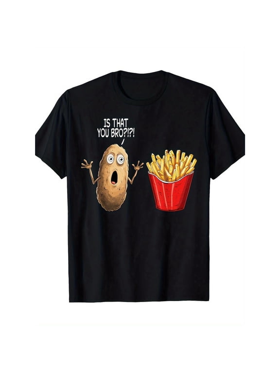 Humorous French Fry Graphic T-Shirt - "IS THAT YOU BRO?" Potato Surprised Face Design, Casual Cotton Tee, Loose Fit, Machine Washable, All-Season Round Neck Black T-shirt