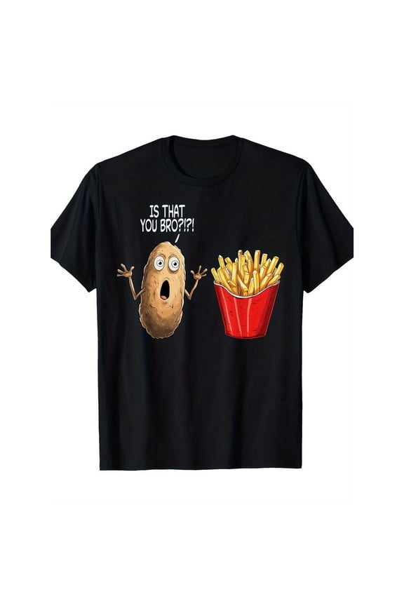 Humorous French Fry Graphic T-Shirt - "IS THAT YOU BRO?" Potato Surprised Face Design, Casual Cotton Tee, Loose Fit, Machine Washable, All-Season Round Neck Black T-shirt