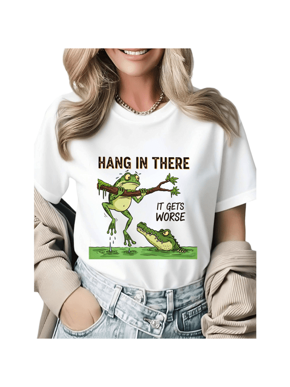 Humorous Frog Crocodile Hang In There Graphic Tees Womans T-shirt Shirts Black White S-5XL Tops