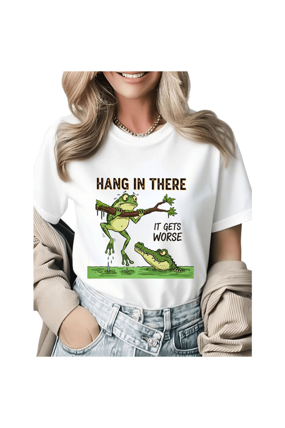 Humorous Frog Crocodile Hang In There Graphic Tees Womans T-shirt Shirts Black White S-5XL Tops