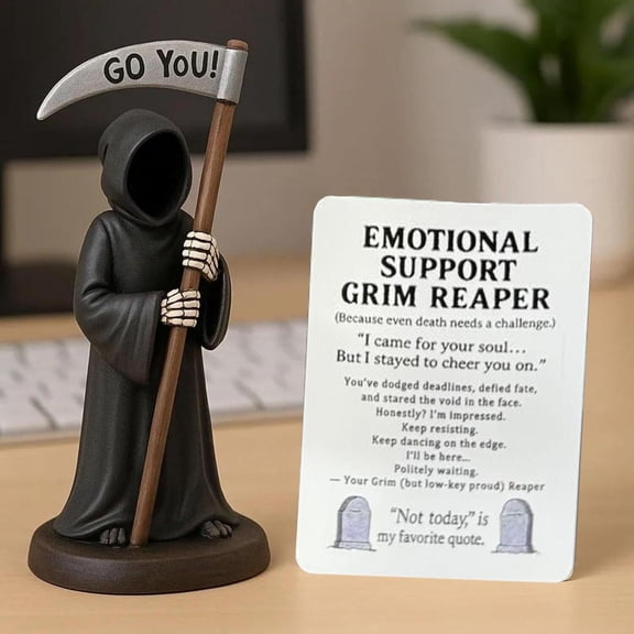 Humorous Grim Reaper Emotional Support Figurine, Funny office decor, Unique Home decor, desk decor for Men, "Go You!" Scythe Sculpture with Matching Note Card for Work desk decor,