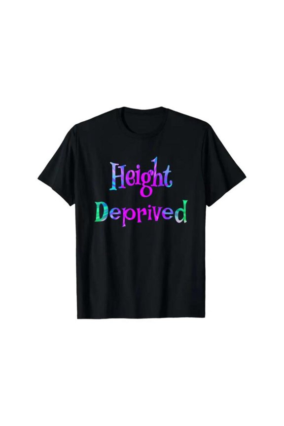 Humorous Height - Themed Printed Tee,Tops Features "Height Deprived" Text with Rainbow Gradient Accents, Round Neck Regular Fit T - shirts, Size(S - 5XL)
