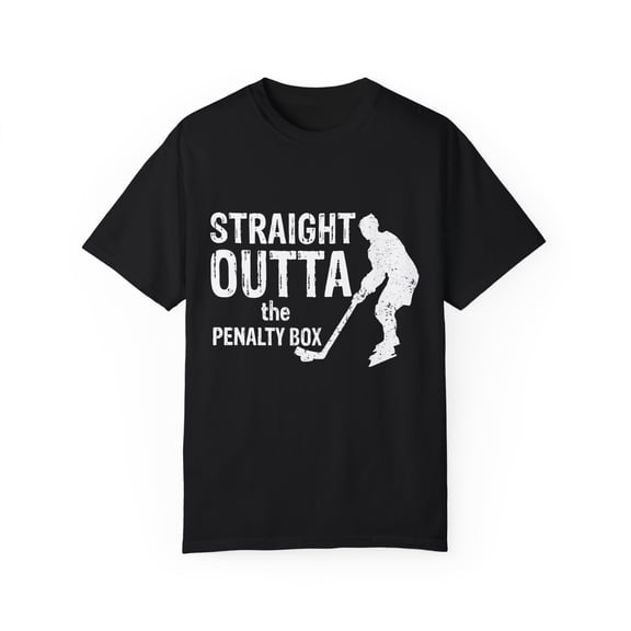 Humorous Hockey Player Sports Gift | Funny Straight Outta Penalty Box Graphic Men Women Unisex Garment-Dyed T-shirt