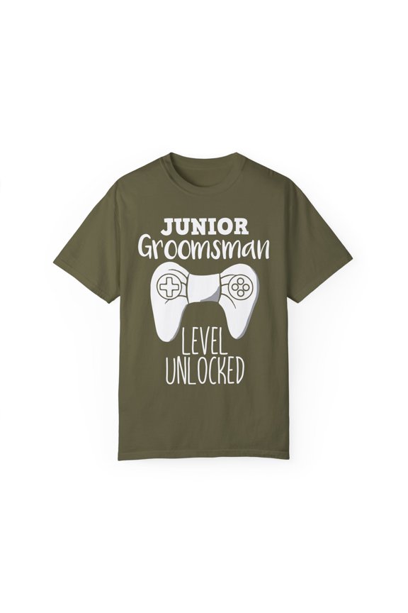 Humorous Junior Groomsman Level Unlocked Gifts Vintage Bachelors Ideas Graphic Men Women Unisex Garment-Dyed T-shirt