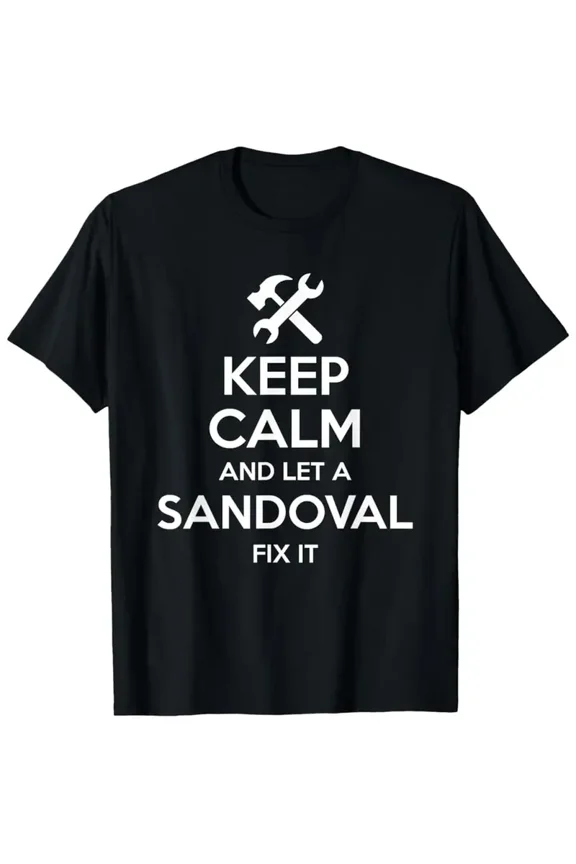 Humorous Keep Calm T-Shirt in Black - Short Sleeve Tee Featuring The Let Sandvical Fix It Design. Ideal for Casual Wear for Both Men And Women, Offered in Various Sizes.
