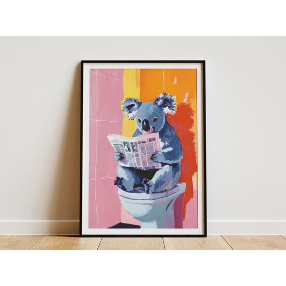 Humorous Koala Reading Newspaper on Toilet Poster Print Bathroom Wall Art Cute Animal Art Funny Koala Poster Modern Animal Illustration - Poster Unframed