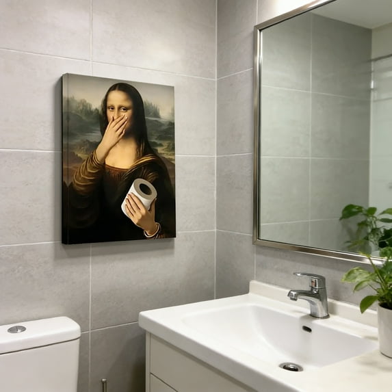 Humorous Mona Lisa Art Painting, Lisa Holding A Tissue With Her Hand Over Her Nose Printed Poster, Quirky Fun Home Decor For Living Room Bathroom Bedroom Office Entryway And