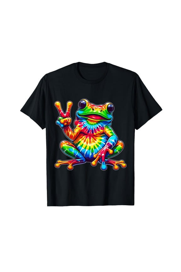 Humorous Multicolor Hippie Peace Sign Frog T-Shirt, Soft Cotton Adult Casual Style