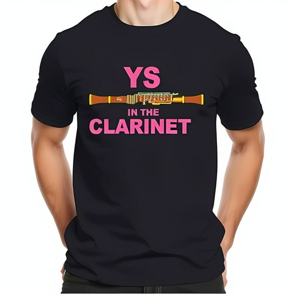 Humorous Navy Blue Cotton Short Sleeve T-Shirt with Cartoon Clarinet & 'IN THE CLARINET' Design