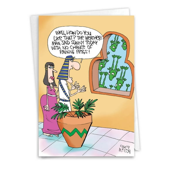 Humorous Passover Greeting Card with 5 x 7 Inch Envelope - Raining Frogs - Egyptian Pharaoh and Woman Watching Frogs Fall