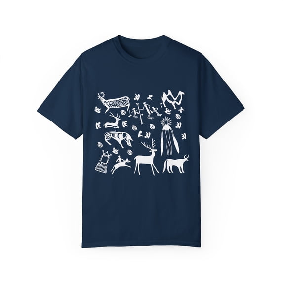 Humorous Pictograph Carving Engravings Mimbres Enthusiast Novelty Drawing Figures Carves Illustration Lover Unisex Garment-Dyed T-shirt
