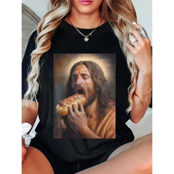 Humorous Religious - Themed Graphic Tee, Tops Has Jesus Eating Sandwich Design, Round Neck Regular Fit T - shirts, Size(S - 5XL)