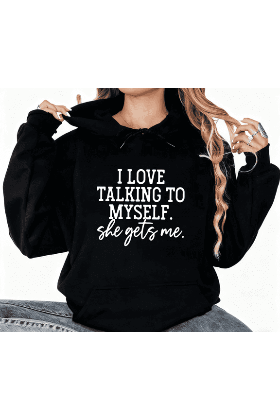 Humorous Self-Talk Themed Hoodie, Black, S-2XL, Cotton, Casual Daily Top