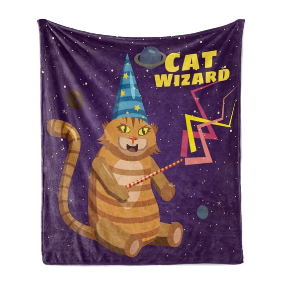 Humorous Soft Flannel Fleece Blanket, Cat Wizard Funny Cartoon Cat Character with Magician Hat in Outer Space, Cozy Plush for Indoor and Outdoor Use, 60" x 80", Quartz and Multicolor, by Ambesonne