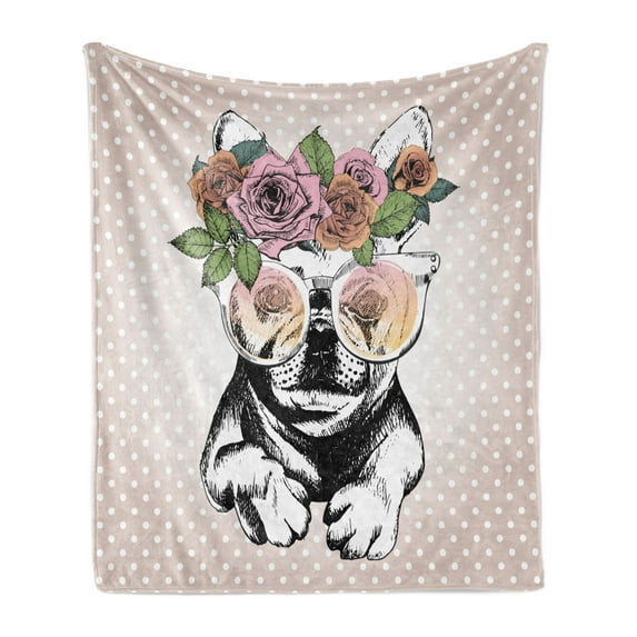 Humorous Soft Flannel Fleece Blanket, Funny Sketch French Bulldog with Rose Wreath and Sunglasses Polka Dots, Cozy Plush for Indoor and Outdoor Use, 70" x 90", Pale Salmon Multicolor, by Ambesonne
