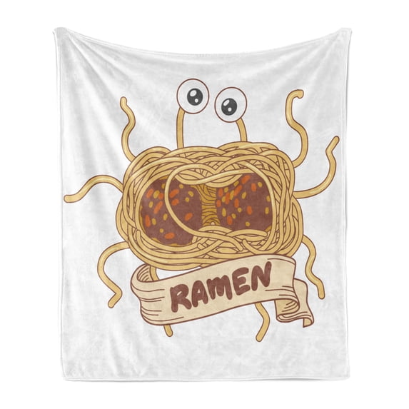 Humorous Soft Flannel Fleece Throw Blanket, Cartoon Design Image of Flying Spaghetti Monster with Ramen Written Ribbon, Cozy Plush for Indoor and Outdoor Use, 70" x 90", Multicolor, by Ambesonne