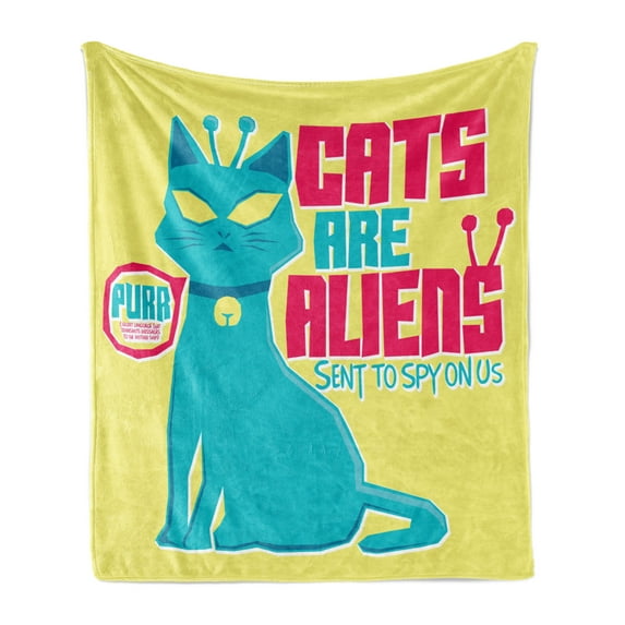 Humorous Soft Flannel Fleece Throw Blanket, Colorful Cartoon Cats are Aliens Compositions Funny, Cozy Plush for Indoor and Outdoor Use, 50" x 70", Pastel Yellow Magenta, by Ambesonne