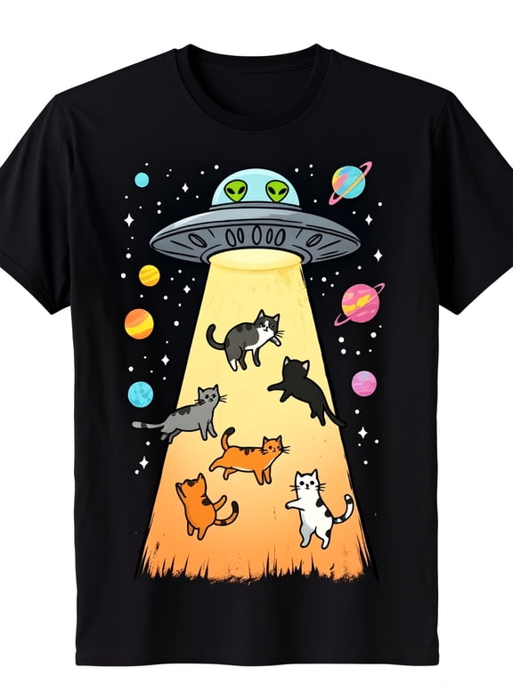 Humorous Space Cats UFO Alien Unisex T-Shirt, All Season Funny Sci-Fi Cartoon Graphic Top, Casual Trendy Daily Outfit for Kitty Lovers and Astronomy Fans