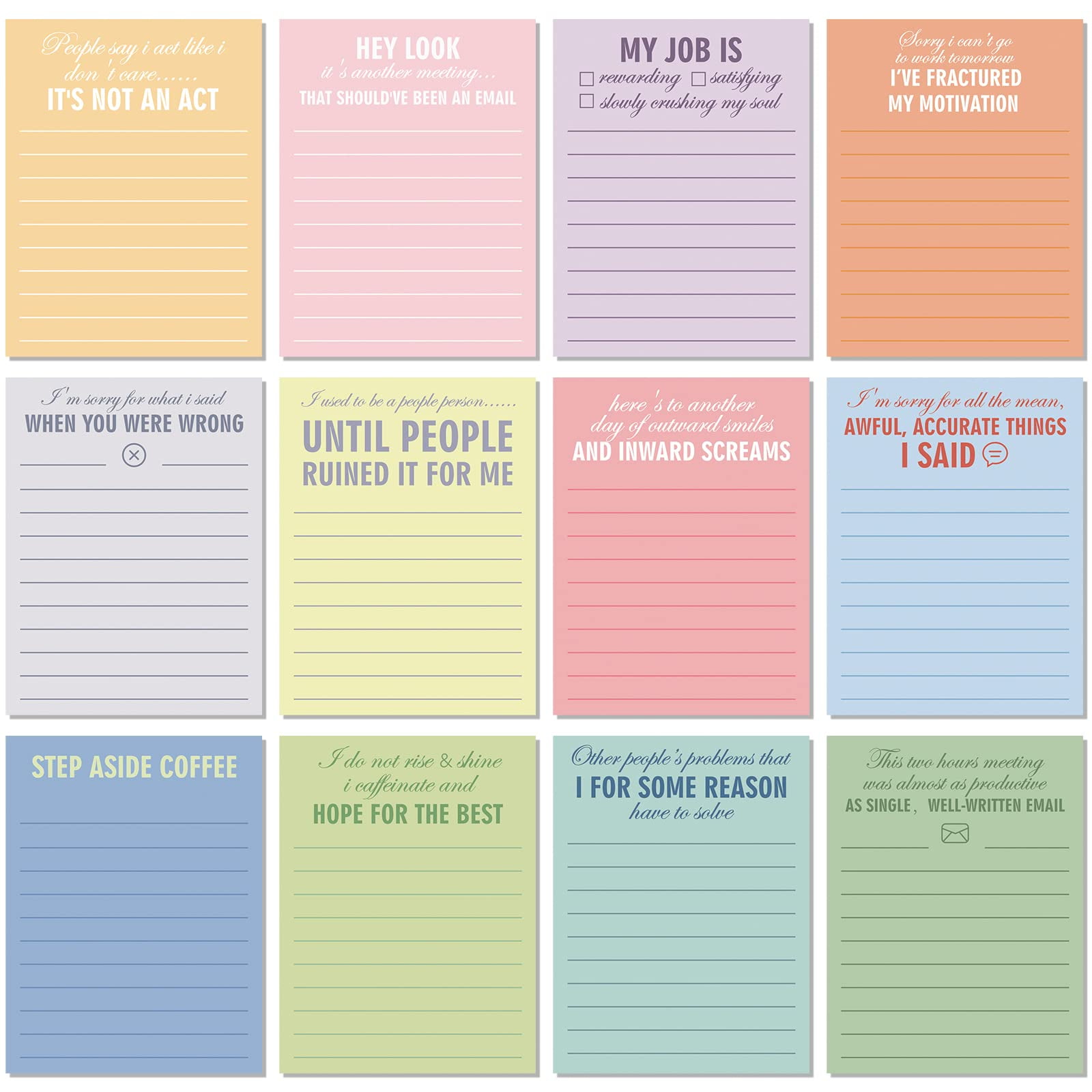 Humorous Sticky Notes for Adults, Sarcastic Work Notepad Set, To-Do Lists, Memos, Office Supplies, 12 Varied Designs, 3 x 3.93 Inches, Multicolor