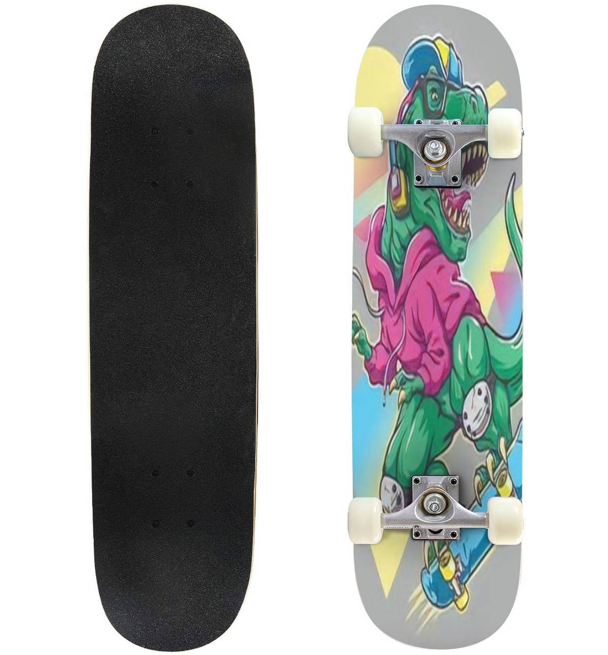 Humorous T rex Dinosaur riding on skateboard Cool 80s