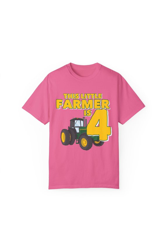 Humorous This Little Farmer Is 4 Birthdays Gift | Hilarious Big Tractors Graphic Boys Girls Unisex Garment-Dyed T-shirt