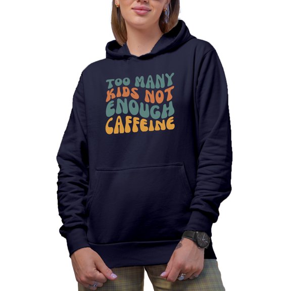 Humorous Too Many Kids, Not Enough Caffeine, Mom or Mother Saying, Groovy Retro Wavy Text Merch Gift, Navy Blue Hooded Sweatshirt or Hoodie, 2XL