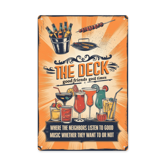 Humorous phrase wall art featuring Cozy Deck Gathering Poster Apartment Patio Finish For Bistro Sets Fire Escape Gardens And Compact Grilling Zones 8x12 inch metal sign for home bar wall decor