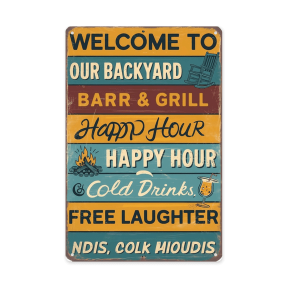 Humorous phrase wall art featuring Welcome Our Backyard Porch Metal Tin Sign Decor Perfect For Hanging In Patios Decks Gardens With Durable Coating Living 8x12 inch metal sign for home bar wall