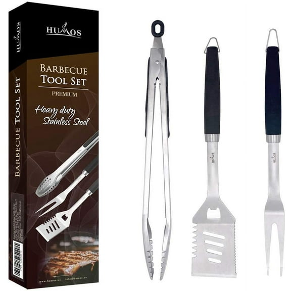 Humos Premium Extra Thick BBQ Tools Set 3 Pcs. Heavy Duty Stainless Steel Fork, Spatula & Locking Tongs