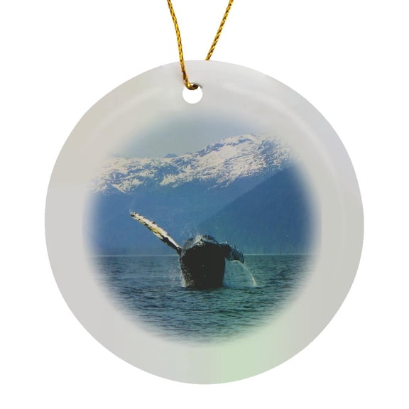 3drose, Humpback Whale About to Smash into the Pacific Ocean in the Lynn Canal in Southeastern Alaska, Circle Porcelain Ornament