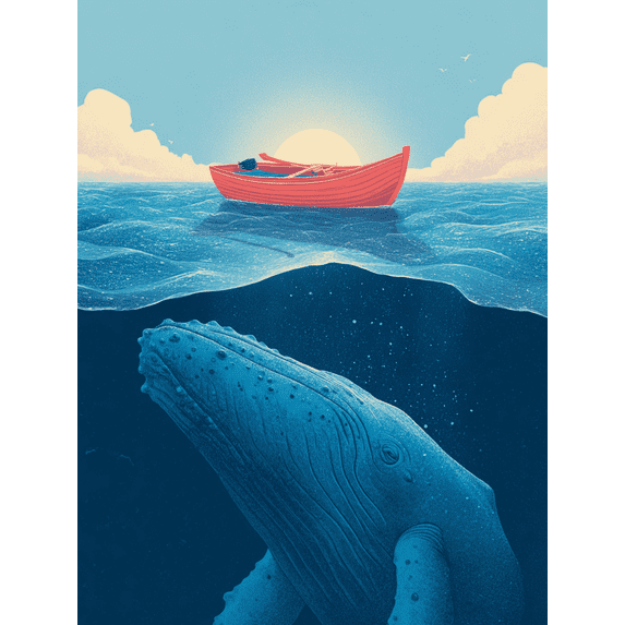 Humpback Whale Boat Canvas Wall Art Print, Ocean Theme Decor for Living Room Bedroom Dining Room
