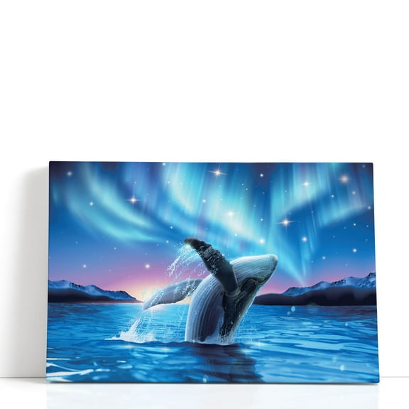 Humpback Whale Breaching Water With Breathtaking Aurora - Wrapped Canvas Print Wall Art | 30" W x 20" H