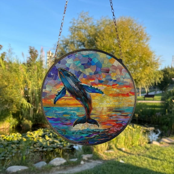 Humpback Whale Glass Suncatcher, Sea Animals Wall Decor Beach House, 7.9 in