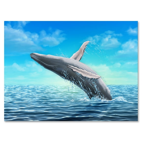 Humpback Whale Jumping Out of Sea 12 in x 8 in Painting Canvas Art Print, by Designart