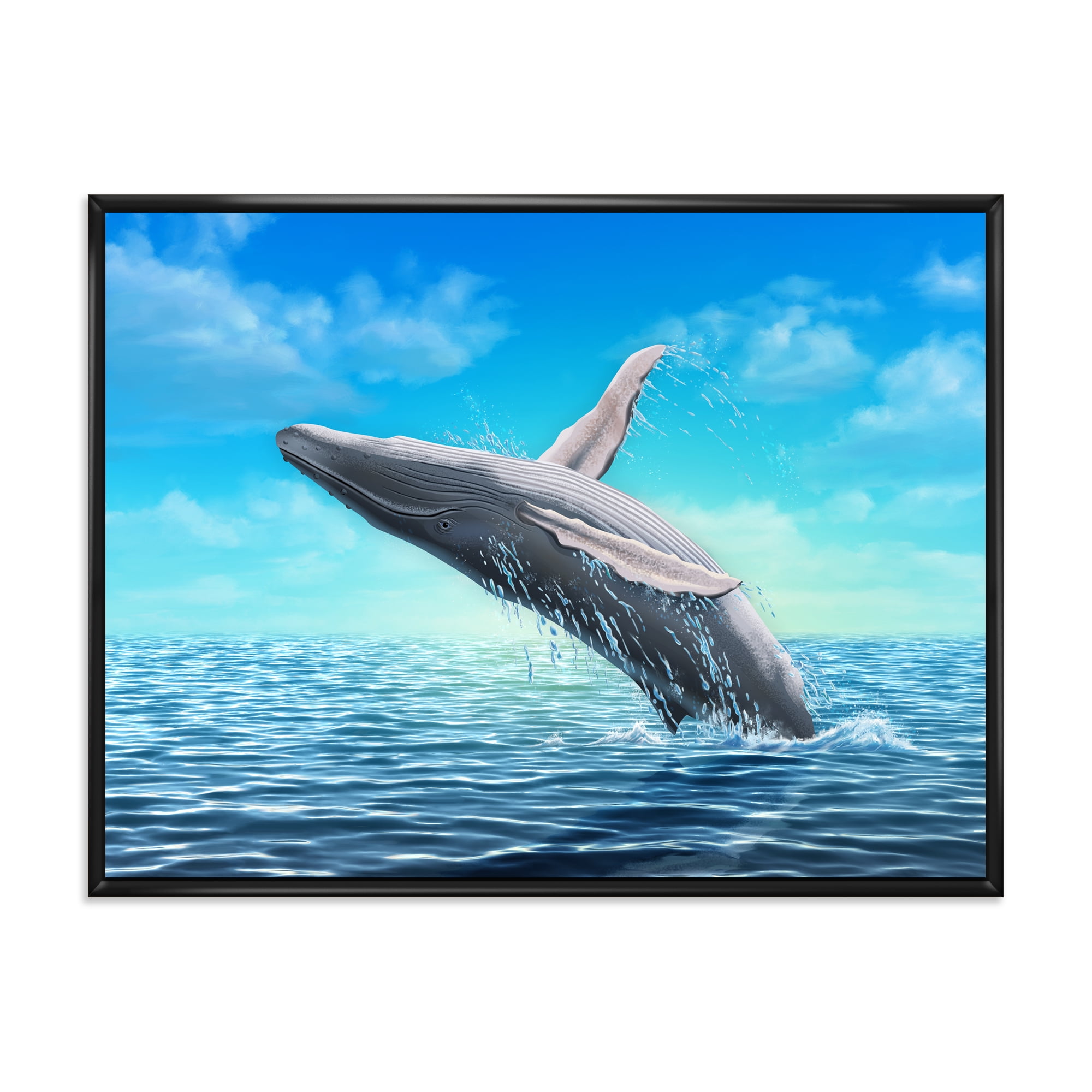 Humpback Whale Jumping Out of Sea 32 in x 24 in Framed Painting Canvas Art Print, by Designart